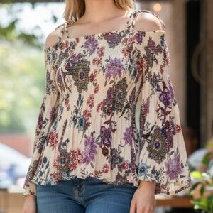 ALTAR’D STATE BOHO BABYDOLL TOP, FLARE BELL SLEEVE OFF SHOULDER / FITTED SMOCKED